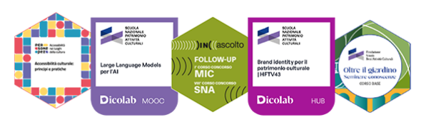 Immagine esemplificativa di cinque Open Badge erogati dalla piattaforma.